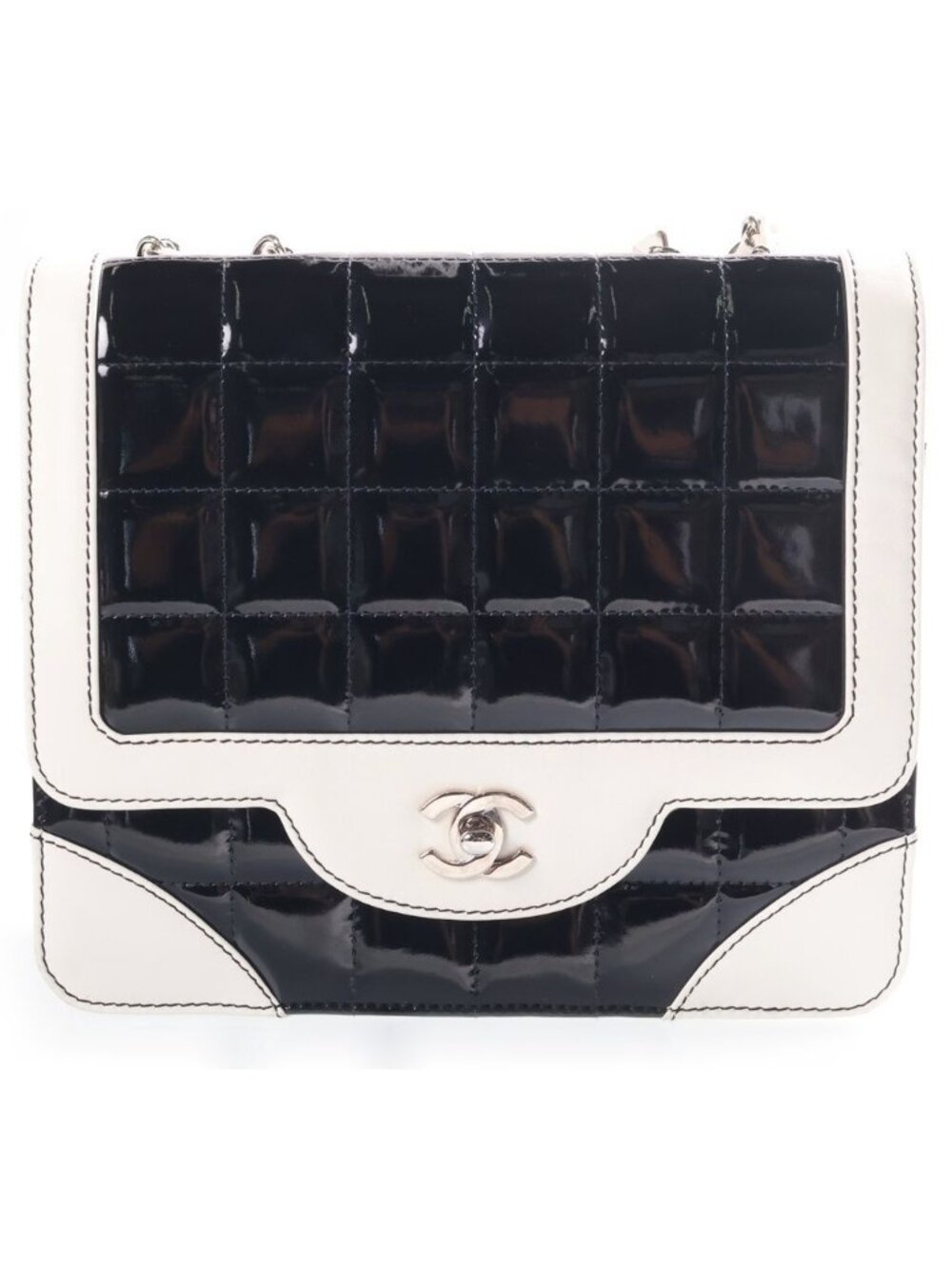 Chanel Choco Bar Bicolor Chain Shoulder Bag Black White Patent Leather Silver